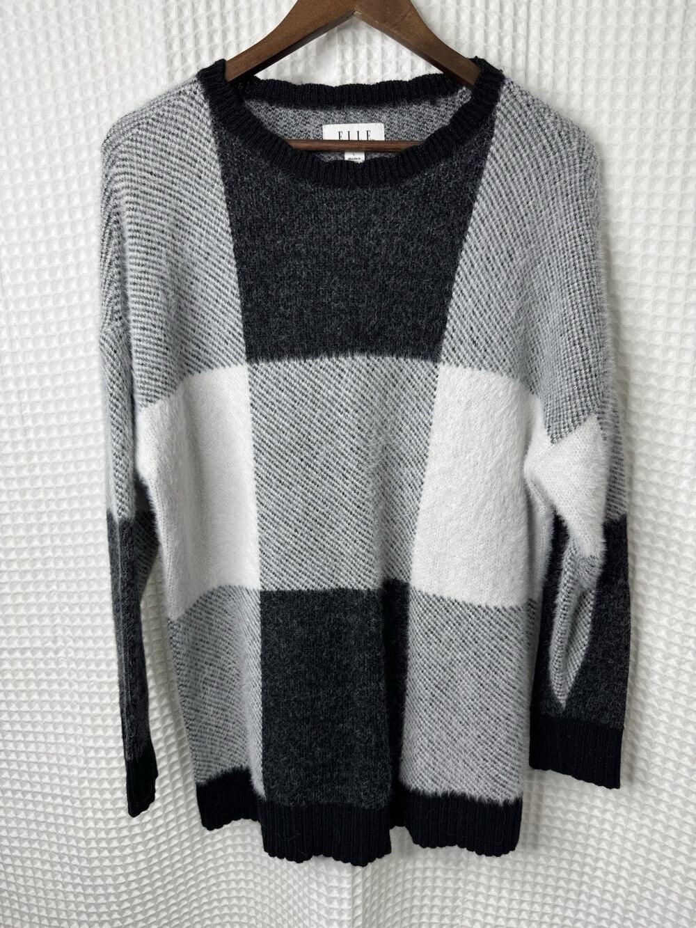 ELLE Womens Large Buffalo Plaid Fuzzy Knit Sweater Black Gray White Pullover
